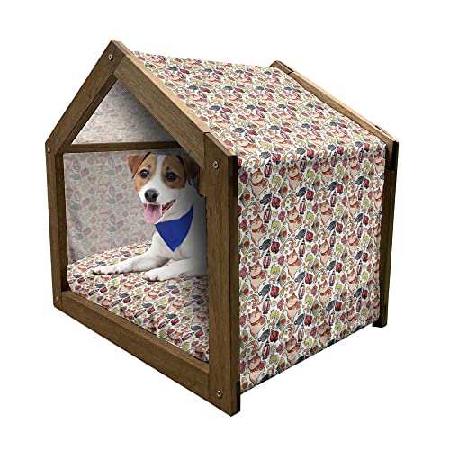 ABAKUHAUS japanische Katze Hundehütte aus Holz, Fortune-Element, tragbare Hundehütte für drinnen und draußen mit Kissen und Abdeckung, 45 cm x 60 cm, Vermilion Champagne von ABAKUHAUS