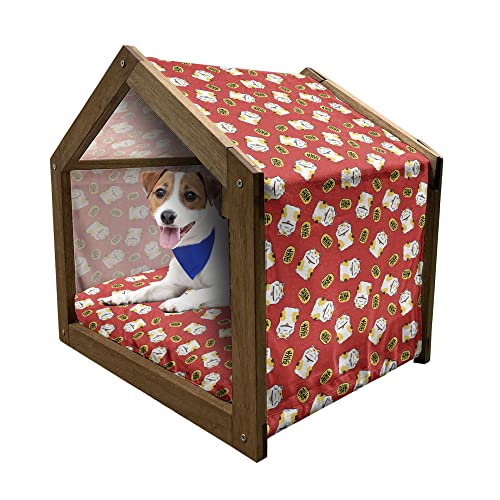 ABAKUHAUS japanische Katze Hundehütte aus Holz, Glück-Katzen-Wiederholung, tragbare Hundehütte für drinnen und draußen mit Kissen und Abdeckung, 72 cm x 100 cm, Vermilion Senf Weiß von ABAKUHAUS