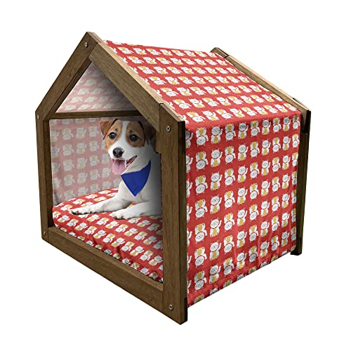 ABAKUHAUS japanische Katze Hundehütte aus Holz, Luck Vermögens-Katze, tragbare Hundehütte für drinnen und draußen mit Kissen und Abdeckung, 55 cm x 75 cm, Vermilion Weißer Senf von ABAKUHAUS