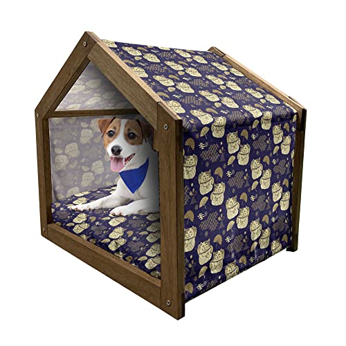 ABAKUHAUS japanische Katze Hundehütte aus Holz, Nacht Thema Glück Asien, tragbare Hundehütte für drinnen und draußen mit Kissen und Abdeckung, 72 cm x 100 cm, Pale Brown Pale Kamel von ABAKUHAUS