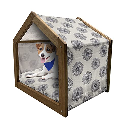 ABAKUHAUS orientalisch Hundehütte aus Holz, belaubt Medaillon, tragbare Hundehütte für drinnen und draußen mit Kissen und Abdeckung, 55 cm x 75 cm, Grau, Gelb, Violett Blau von ABAKUHAUS