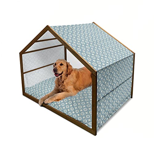 ABAKUHAUS verrückte Kunst Hundehütte aus Holz, Diagonal Kreise Squares, tragbare Hundehütte für drinnen und draußen mit Kissen und Abdeckung, 90 cm x 127 cm, Sea-Blau und Weiß von ABAKUHAUS