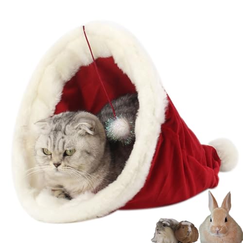 ABLAZEZAI Katzen-Weihnachtsbett für den Innenbereich, Meerschweinchen, warmes Nest, Xmas Kaninchen Haus Höhle, Weihnachtsmannmütze, Hüttenform, Hüttenversteck für Kätzchen, Hasen, Hamster, Zucker von ABLAZEZAI