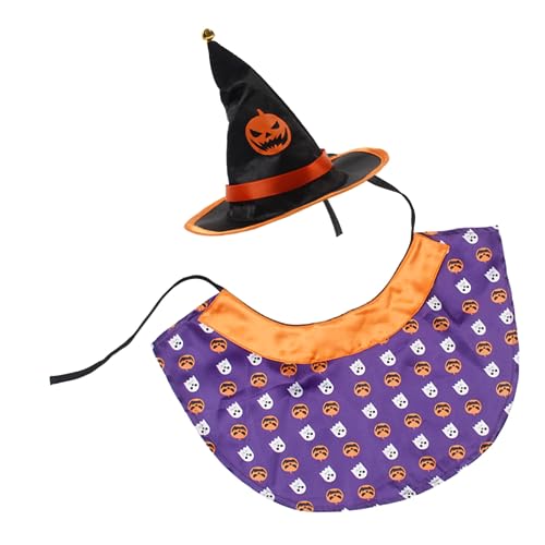 ABOOFAN 1 Satz Cape-Hut-Set Mit Kürbis-Print Katzen-kürbis-umhang Partyhut Für Hund Dekorativer Hut Der Halloween-Party Kätzchen-kürbis-Cape-mütze Halloweenkostüm Satin Mantel Haustier von ABOOFAN