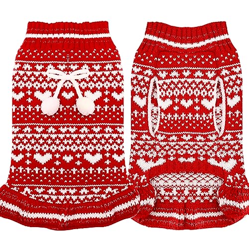 ABRRLO Hunde Pullover Kleid mit Leine Loch für kleine mittlere Hunde mit Fliege Büffelkaro Rot Rollkragen Polyester Haustier Welpe Katzen Pullover Strickwaren Rot,L von ABRRLO