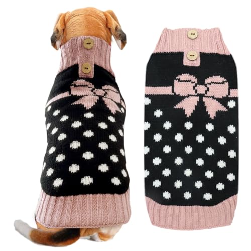 ABRRLO Hunde-Pullover mit Schleifenkrawatte – Punkt Rollkragen-Pullover, klassischer Strick, Wintermantel für Hunde, Kälteschutzkleidung für kleine und mittlere Hunde, Katzen, Welpen und Mädchen,L von ABRRLO