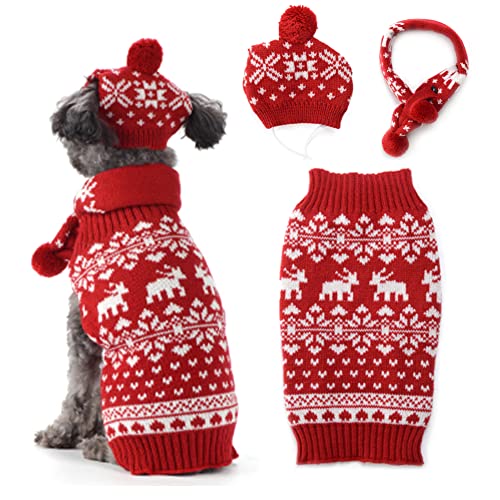 ABRRLO Hunde Weihnachten Pullover Schalmütze Set Dog Christmas Sweater Haustier Hund Weihnachtspullover Hundepullover Rotes Rentier Warmer Winter (S, Rot) von ABRRLO