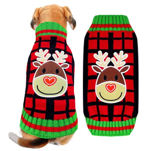 ABRRLO Weihnachten Hund Pullover hässlich Vintage Stricken Plaid Xmas Rentier Urlaub Festliche Hund Pullover Kleidung für kleine mittlere große Hunde Katze(Rentier,XL) von ABRRLO