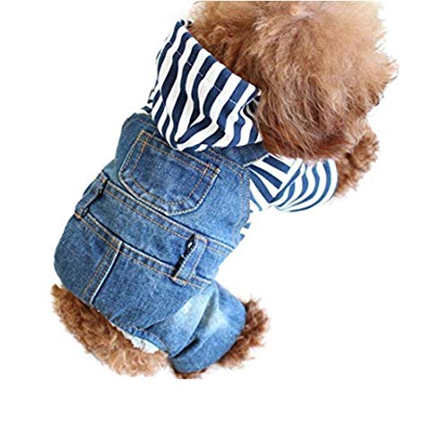 Abrlo Jeans für Hunde und Katzen, gestreift, Blau und Rot, Kleidung mit Kapuze, Mantel für kleine oder mittelgroße Hunde und Katzen Abrlo Jeans für Hunde und Katzen, gestreift, Blau und Rot, Kleidung mit Kapuze, Mantel für kleine oder mittelgroße Hunde und Katzen von ABRRLO