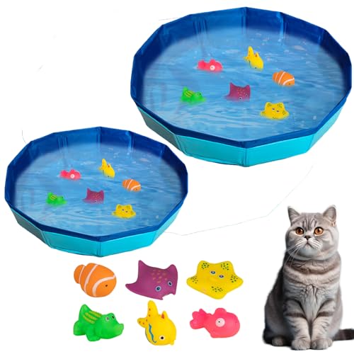 ACAREY 2 Stück Katzen Pool, Katzenpool mit Fischen Spielzeug 30x10+50x10cm, Tragbares Katzen Hundepool, PVC Faltbar Wasserspielzeug, für Katzen und Hunde zum Spielen Baden Verwendet von ACAREY