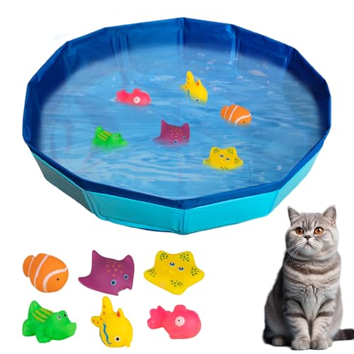 ACAREY Katzen Pool, Katzenpool mit Fischen Spielzeug, Tragbares Katzen Hundepool, Faltbar Wasserspielzeug, für Katzen und Hunde zum Spielen Baden Verwendet (50 * 10cm) von ACAREY