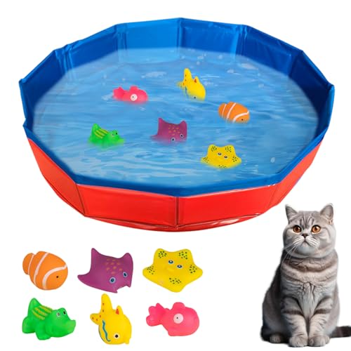 ACAREY Katzen Pool, Katzenpool mit Fischen Spielzeug, Tragbares Katzen Hundepool, Faltbar Wasserspielzeug, für Katzen und Hunde zum Spielen Baden Verwendet (50 * 10cm Rot) von ACAREY