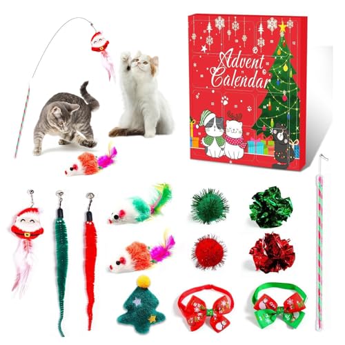 ACAREY Katzen Weihnachts Adventskalender 2024, 24 Katzenspielzeuge, Katzenfeder und Ballglocken, Katzenhalsband, Spielzeugmäuse, Weihnachts Countdown Katze Interaktives Spielzeug (12 Stück) von ACAREY