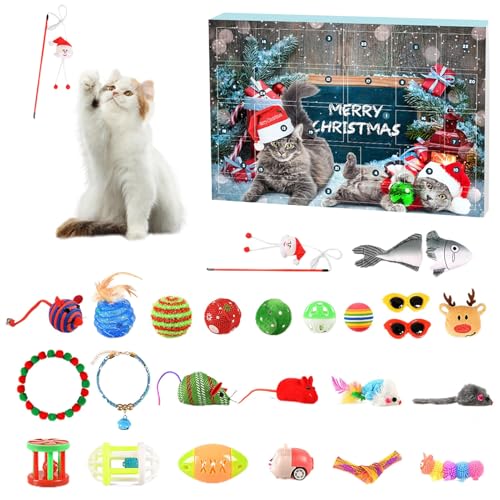 ACAREY Katzen Weihnachts Adventskalender 2024, 24 Katzenspielzeuge, Katzenfeder und Ballglocken, Katzenhalsband, Spielzeugmäuse, Weihnachts Countdown Katze Interaktives Spielzeug (24 Stück) von ACAREY