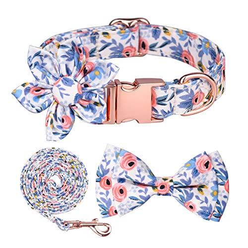 Hundehalsband und Hundeleine Set mit Abnehmbar Fliege und Blumen, Süßes Halsband Hund, Dog Leash, Fliege, für Mittelgroße und Große Hunde (Blau L) von ACAREY