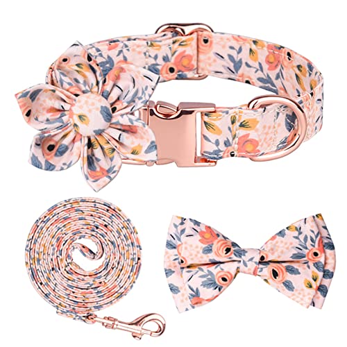 Hundehalsband und Hundeleine Set mit Abnehmbar Fliege und Blumen, Süßes Halsband Hund, Dog Leash, Fliege, für Mittelgroße und Große Hunde (Rosa L) von ACAREY