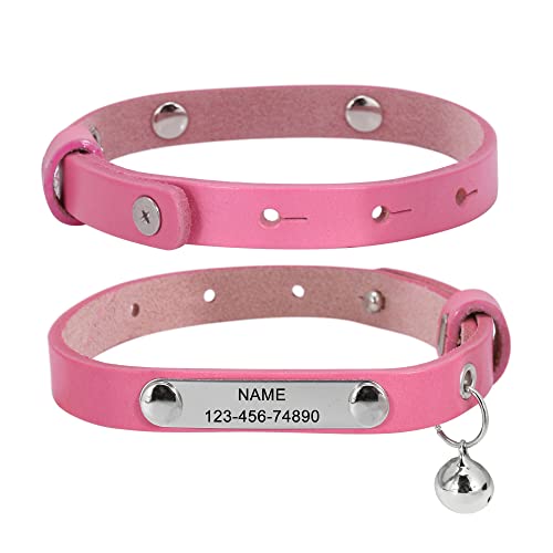 ACBungji Katzenhalsband mit Gravur Namen Telefonnummer Glöckchen Hundehalsband Echtleder Halsband Personalisierte ID Halsbänder für Hunde Katzen, Verstellbare Größe 20-26cm(Rosa) von ACBungji