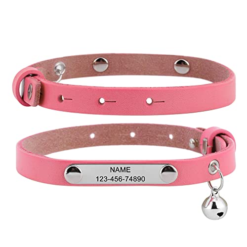 ACBungji Hundehalsband mit Gravur Namen Telefonnummer Glöckchen Katzenhalsband Echtleder Halsband Personalisierte ID Halsbänder für Hunde Katzen, Verstellbare Größe 24-30cm(Rosa) von ACBungji