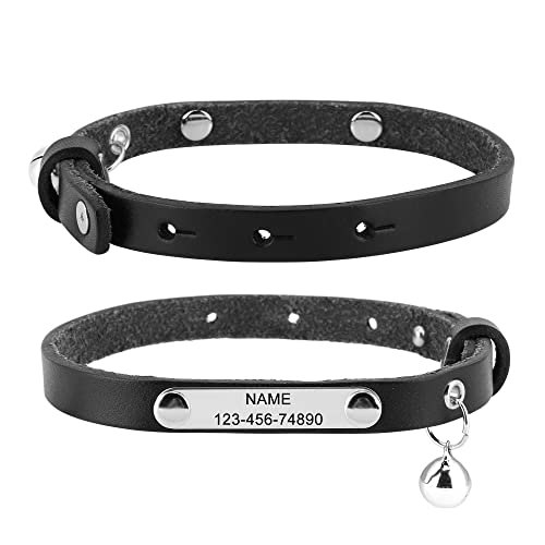 ACBungji Hundehalsband mit Gravur Namen Telefonnummer Glöckchen Katzenhalsband Echtleder Halsband Personalisierte ID Halsbänder für Hunde Katzen, Verstellbare Größe 24-30cm(Schwarz) von ACBungji