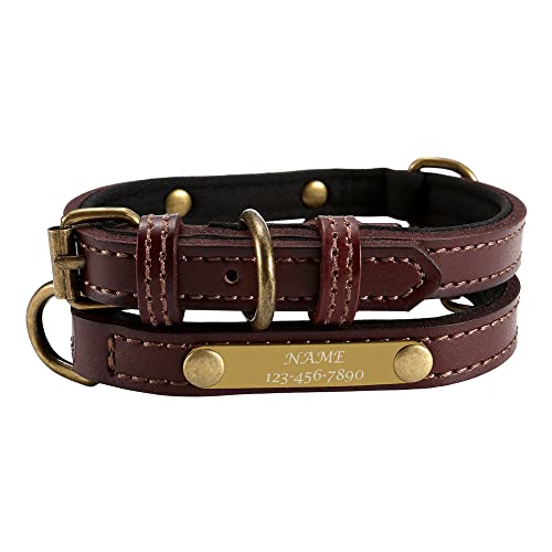 ACBungji Hundehalsband mit Gravur Namen Telefonnummer Katzenhalsband Leder Halsband 1.3cm Breit Personalisierte ID Halsbänder für Hunde Katzen, Verstellbare Größe 26-32cm(Braun) von ACBungji