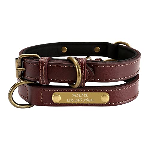 ACBungji Hundehalsband mit Gravur Namen Telefonnummer Katzenhalsband Leder Halsband 1.8cm Breit Personalisierte ID Halsbänder für Hunde Katzen, Verstellbare Größe 29-38cm(Braun) von ACBungji