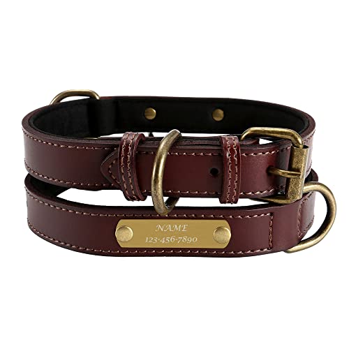 ACBungji Hundehalsband mit Gravur Namen Telefonnummer Katzenhalsband Leder Halsband 2.3cm Breit Personalisierte ID Halsbänder für Hunde Katzen, Verstellbare Größe 35-45cm(Braun) von ACBungji