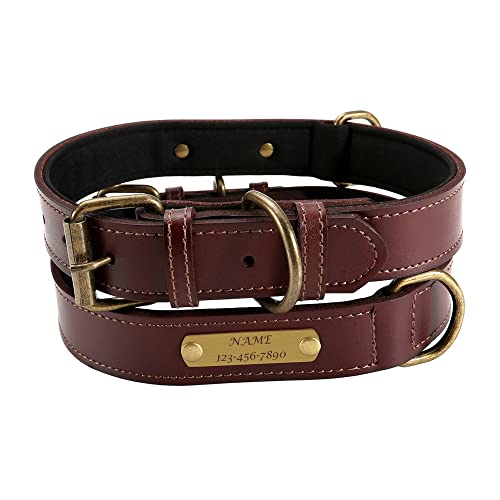 ACBungji Hundehalsband mit Gravur Namen Telefonnummer Katzenhalsband Leder Halsband 3cm Breit Personalisierte ID Halsbänder für Hunde Katzen, Verstellbare Größe 44-54cm(Braun) von ACBungji