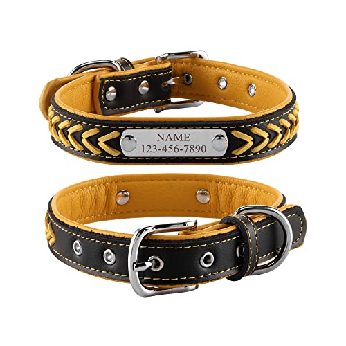 ACBungji Hundehalsband mit Gravur Namensschild Telefonnummer Halsband Geflochtene Leder Halsbänder Personalisierte ID Tierhalsband für Hunde Katzen, Verstellbare Größe 26-33cm(Gelb Schwarz) von ACBungji