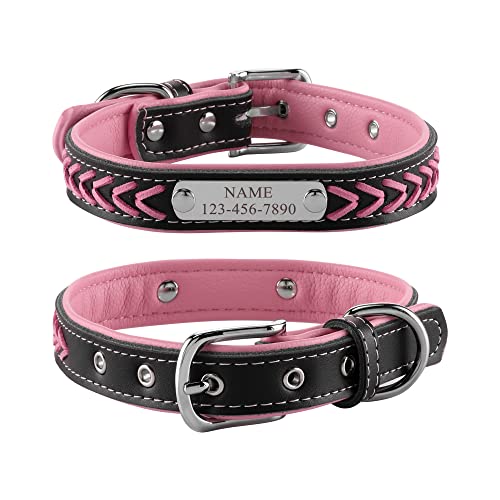 ACBungji Hundehalsband mit Gravur Namensschild Telefonnummer Halsband Geflochtene Leder Halsbänder Personalisierte ID Tierhalsband für Hunde Katzen, Verstellbare Größe 26-33cm(Rosa Schwarz) von ACBungji