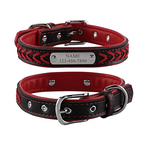 ACBungji Hundehalsband mit Gravur Namensschild Telefonnummer Halsband Geflochtene Leder Halsbänder Personalisierte ID Tierhalsband für Hunde Katzen, Verstellbare Größe 26-33cm(Rot Schwarz) von ACBungji