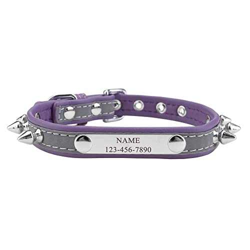 ACBungji Punk Hundehalsband mit Gravur Namen Telefonnummer Reflektierend Leder Halsband Nieten Personalisierte ID Halsbänder für Hunde Katzen, Verstellbare Größe 26-33cm(Lila) von ACBungji