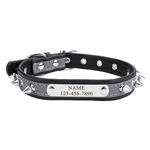 ACBungji Punk Hundehalsband mit Gravur Namen Telefonnummer Reflektierend Leder Halsband Nieten Personalisierte ID Halsbänder für Hunde Katzen, Verstellbare Größe 28-36cm(Schwarz) von ACBungji