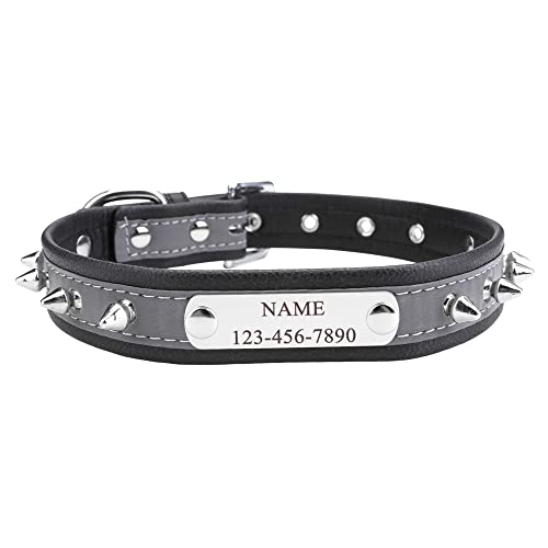 ACBungji Punk Hundehalsband mit Gravur Namen Telefonnummer Reflektierend Leder Halsband Nieten Personalisierte ID Halsbänder für Hunde Katzen, Verstellbare Größe 35-45cm(Schwarz) von ACBungji