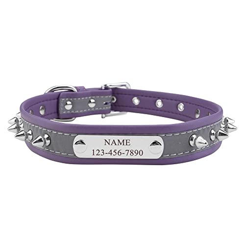 ACBungji Punk Hundehalsband mit Gravur Namen Telefonnummer Reflektierend Leder Halsband Nieten Personalisierte ID Halsbänder für Hunde Katzen, Verstellbare Größe 40-50cm(Lila) von ACBungji