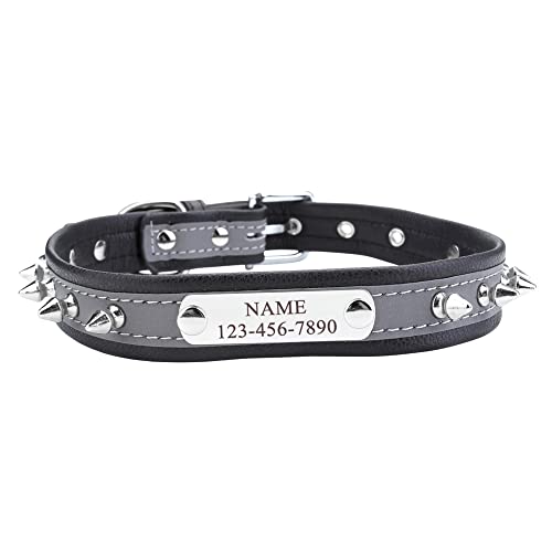 ACBungji Punk Hundehalsband mit Gravur Namen Telefonnummer Reflektierend Leder Halsband Nieten Personalisierte ID Halsbänder für Hunde Katzen, Verstellbare Größe 40-50cm(Schwarz) von ACBungji