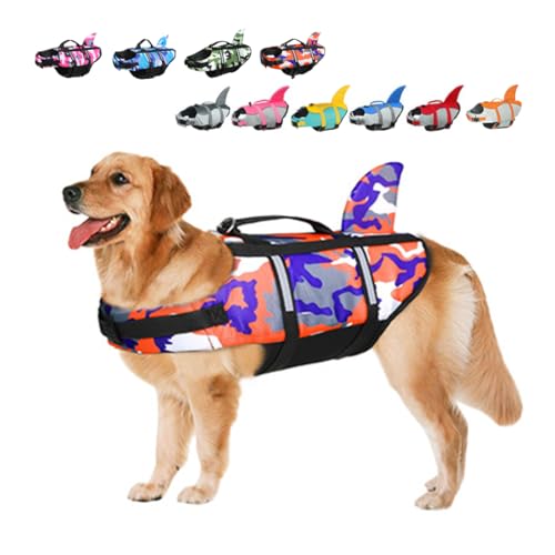 Rettungswesten für Hunde Schwimmweste Hunde Hai, Leicht und Sicher für Wassersport, hundeschwimmweste mit Griff und Reflektierend für Kleine Mittlere und Große Hunde Tarnung Orange XS von ACURYX