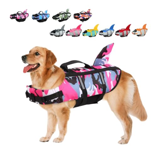 Rettungswesten für Hunde Schwimmweste Hunde Hai, Leicht und Sicher für Wassersport, hundeschwimmweste mit Griff und Reflektierend für Kleine Mittlere und Große Hunde Tarnung Rosa M von ACURYX