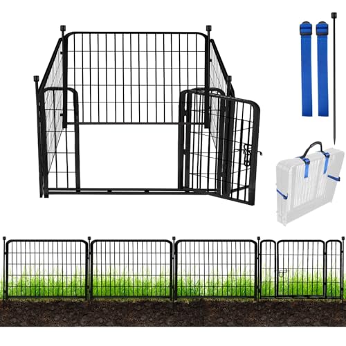 ADAVIN Gartenzaun mit Tor, 61 cm (H) × 3 m (L) 4 Paneele, schwarz, strapazierfähig, Eisen-Metall-Tierbarriere-Zaun, Indoor- und Outdoor-Hunde-Laufstall, Campingzaun, kein Graben, Gartenbegrenzung für von ADAVIN