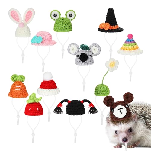 ADERN Gestrickte Hamstermütze | 12 süße Mini-Mützen gestrickt mit verstellbarem Riemen, Partyhüte für Hamster, buntes Kostümzubehör, Meerschweinchen-Kostüme für Igel, Chinchilla von ADERN