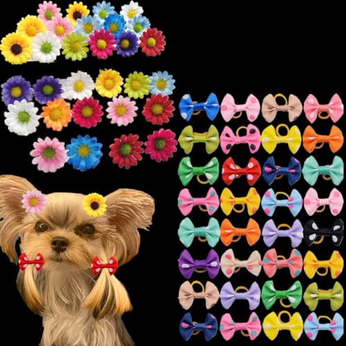 ADIASEN 100 Stück (50 Stück Sonnenblumen-Haarspangen + 50 Stück gepunktete Schleifen), langes Haar, Hundehaar-Accessoires, Schleife, Yorkie-Haar-Accessoires, Clip, Gummiband, kleine Haar-Accessoires, von ADIASEN