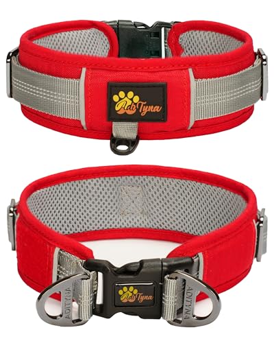 ADITYNA - 5,1 cm breites, verstellbares Hundehalsband für große Hunde – reflektierender Rand und doppelter D-Ring für Sicherheit – Oxford-Material und Netzfutter für Komfort (Rot, Größe L: passend für von ADITYNA