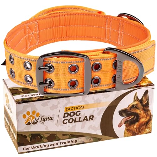 ADITYNA Strapazierfähiges Hundehalsband für mittelgroße Hunde – reflektierendes orangefarbenes Halsband mit Griff für Training und Spazierengehen – breit, dick, taktisch, weiches Neopren gepolstert von ADITYNA