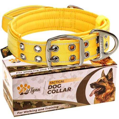 ADITYNA Strapazierfähiges Hundehalsband mit Griff, reflektierend, gelb, für extra große Hunde, breit, dick, taktisch, weich gepolstert (Größe XL: passend für Halsumfang von 61–76,2 cm, Gelb) von ADITYNA