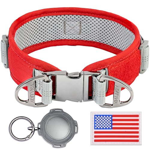 Langlebiges, 5,1 cm verstellbares Hundehalsband mit AirTag-Halterung für große Hunde – reflektierende, robuste Metallschnalle, bequemes Netzfutter, inklusive US-Flaggen-Patch (rot, Größe L: passend von ADITYNA