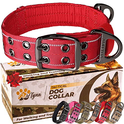 ADITYNA Strapazierfähiges Hundehalsband für mittelgroße Hunde – reflektierendes rotes Halsband mit Griff für Training und Spazierengehen – breit, dick, taktisch, weiches Neopren gepolstert von ADITYNA