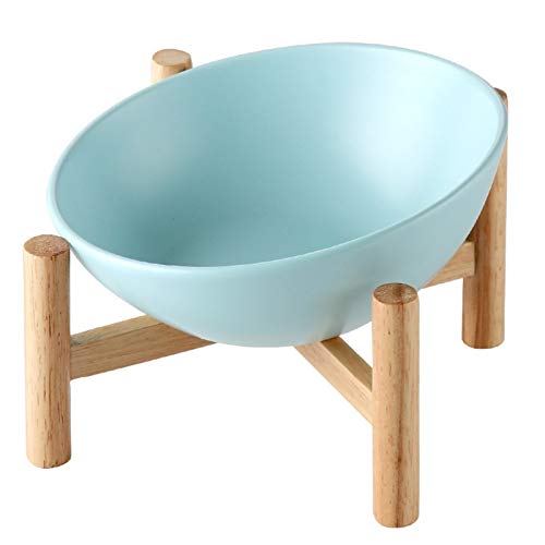 Katzennapf Keramik Ceramic Dog Cat Bowl Welpen Futternapf mit Holzständeraufnahme Porzellan Wasser-Zufuhr-Schüssel Speisen Schüssel Pet Supplies (Color : Blue and Holder, Size : 600ml) von ADJAN