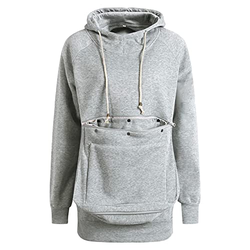 Warm und bequem Winter 2023 Y21K Damen Haustier Tasche Mäntel Hoodie Langarm Big Pocket Pullover Jacke Katze Puppy Holder Solid Hoodie Sweatshirt Kleid (Grau, XL) von ADMAY