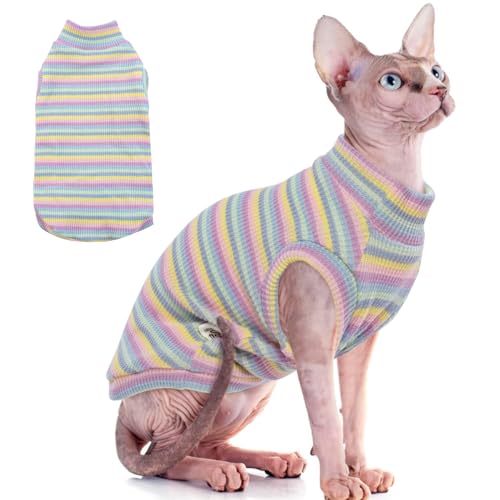 Sphynx Haarloses Katzen-Shirt, Regenbogenstreifen, Kätzchen-T-Shirts mit Ärmeln, Katzenrollkragen, dehnbarer Katzenpullover, Pullover, Katzen-Pyjama, Jumpsuit, Rundkragen, Weste für Sphynx, Devon, von ADNIKIA