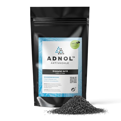 ADNOL® Aktivkohle Granulat 1 Liter aus Kokosnussschalen für Wasserfilter für Aquarium und Teich, Mesh 6x12, Körnung 3,35-1,7mm, Energieklasse A, als Carbon Filter verwendbar von ADNOL