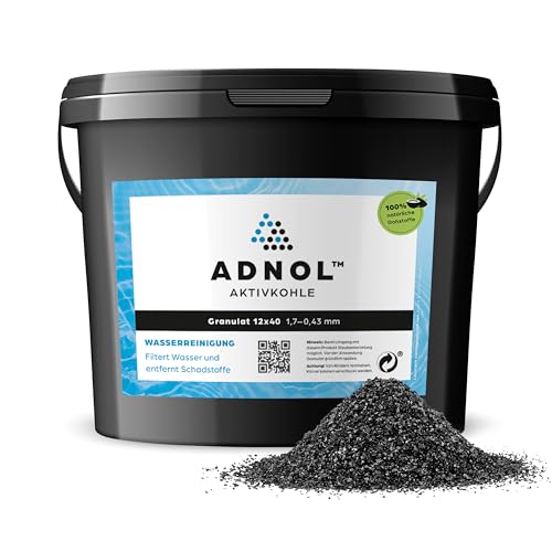 ADNOL® Aktivkohle Granulat 10 Liter aus Kokosnussschalen für Wasserfilter für Aquarium und Teich, Mesh 12x40, Körnung 1,70-0,43mm, Energieklasse A, als Carbon Filter verwendbar von ADNOL
